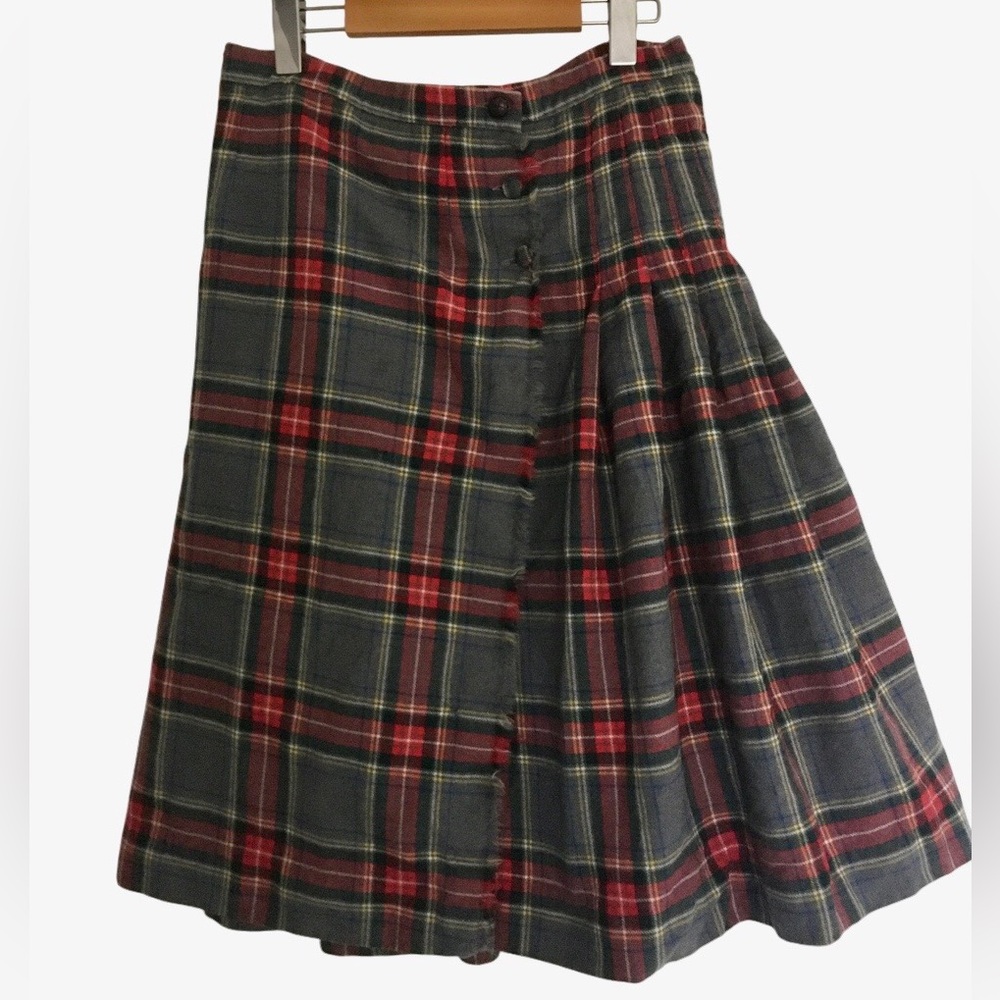 Vintage Plaid Wool Skirt 70s Pleated Kilt Wrap Tartan Grey Stewart